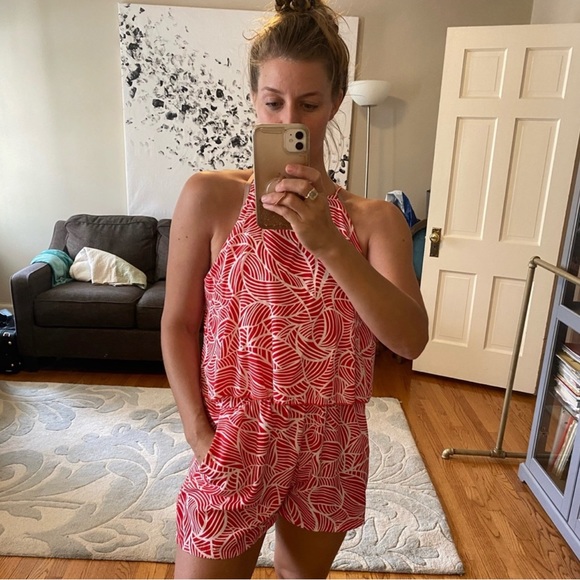 KLD Pants - KLD Signature red and white romper, NWT flowing top, fun pattern, size large